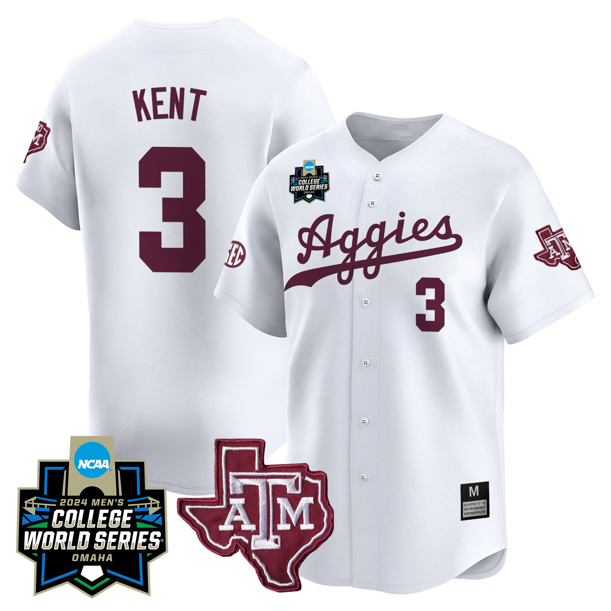 Men Texas A&M Aggies #3 Kent White 2024 College World Series Vapor Premier Limited NCAA Jersey->indianapolis colts->NFL Jersey